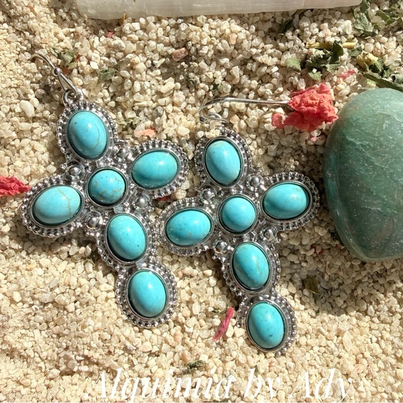 Alquimia Jewelry - Intricate  Silver Earrings turquoise cross
